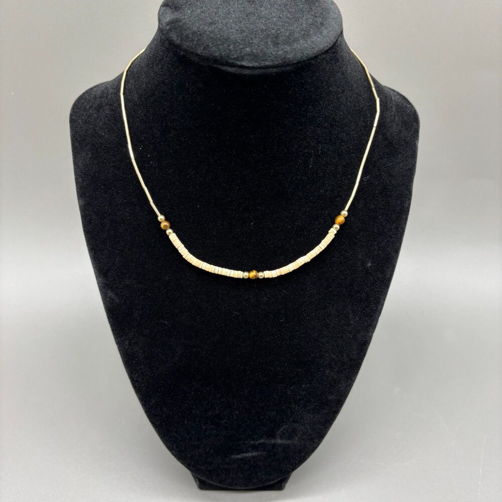 Vintage Native Tigers Eye Shell Heishi Liquid Gold Tube Bead Choker Necklace 15"